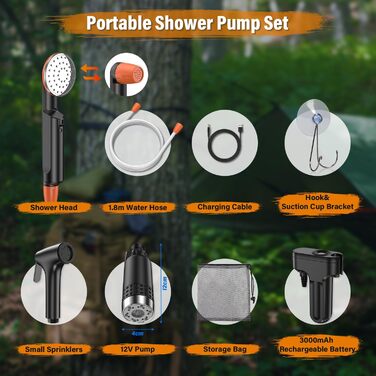 Портативна душова кабіна для кемпінгу з акумулятором 3000mAh, з помпою та насадкою, 1.8м шланг, для відпочинку, подорожей, миття авто та пляжу