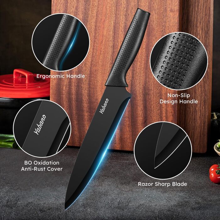 Набір кухонних ножів Yabano 7 предметів з підставкою та точилкою, кухонний набір ножів з чорним пластиковим блоком