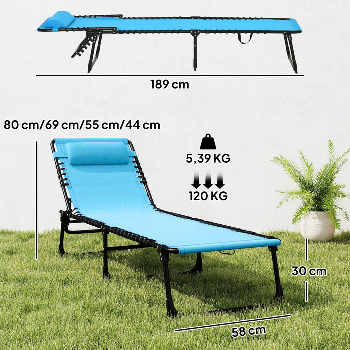 Шезлонг, розкладний, з дихаючою оббивкою, металевий каркас, 189 x 58 x 30 см, блакитний