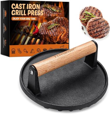 Пресс для бургерів Freelander з чавуну, набір для приготування смашених бургерів (діаметр 17.6 см, прямокутний 20.5 см), прес для гриля з термостійкою ручкою, великий прес для гамбургерів, стейків, сендвічів (чорний, круглий)