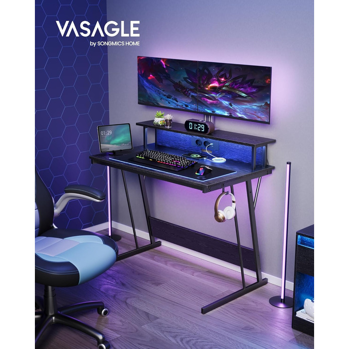 Ігровий стіл VASAGLE зі світлодіодним підсвічуванням, письмовий стіл із вбудованим подовжувачем, комп'ютерний стіл, підставка для монітора на 2 монітори, спальня, класичний чорний LWD192B56 (60 x 100 x 76 см)