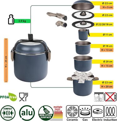 Набір кухонного посуду Brunner Camping HOHES з алюмінію (каструлі та сковорідки) - Ø 18, 20, 22 см, TORRALTA Vakublock, 2-4 особи, з антипригарним покриттям, легкий, високоякісний, складаний. Алюмінієвий набір каструль Ø 18-22 см, 5+1/7+2-ти елементний.