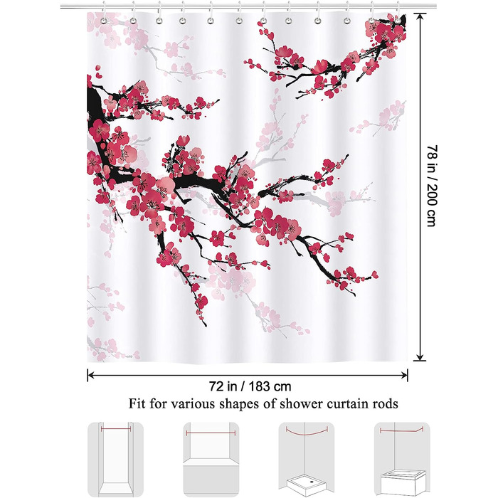 Штора для душу Bonhause Cherry Blossoms 180x200 см Водонепроникний поліестер з 12 гачками