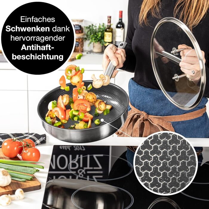 Сковорода з нержавіючої сталі Moritz & Moritz з кришкою 28 см з керамічним покриттям нового покоління - підходить для всіх типів плит - антипригарна сковорода з вафельною структурою для приготування, смаження та тушкування. Діаметр 28 см