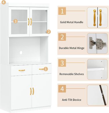 Кухонна шафа VOWNER з робочою поверхнею, буфет на 4 дверцята, шафа-вітрина, буфет з регульованими полицями, 80 x 40 x 180 см, для кухні, вітальні, офісу, їдальні (білий)