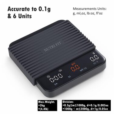 Ваги для кави NUTRI FIT Mini з таймером, USB-C, LED-дисплеєм, 2 кг/0,1 г, чорний