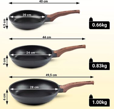 Набір сковорідок ROSMARINO з 3 шт. (20, 24, 28 см) - Підходить для індукції - Німецьке антипригарне покриття Black Line (макс. 60 символів)
