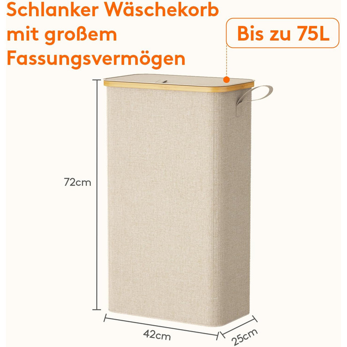 Кошик для білизни Lifewit з кришкою, вузький, складний, 75L, бамбук, з ручкою, для квартири, гуртожитку, кемпінгу (Бежевий)