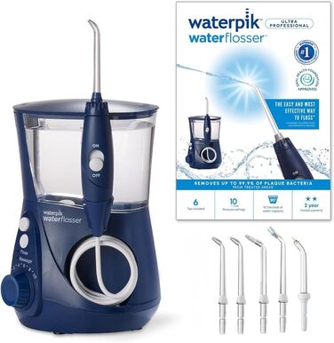 Waterpik Ultra Professional: Іригатор для ротової порожнини, тестування 2025, технологія Precision Pulse, сертифікат TÜV, видаляє до 99,9% нальоту, 6 насадок, 10 режимів, таймер, блакитний