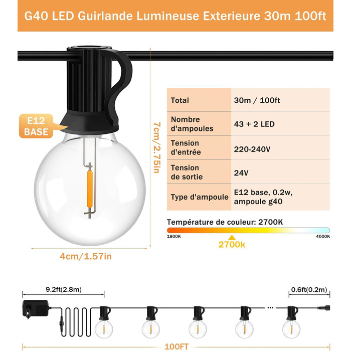 Світлодіодні зовнішні струнні ліхтарі 30M 100FT - 432 лампочки G40, захист від погодних умов IP44, з дистанційним керуванням