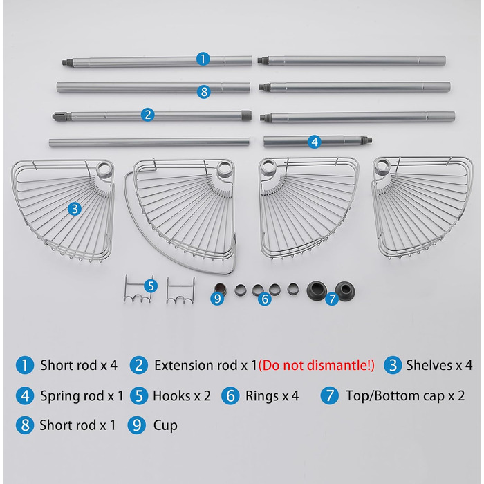 Телескопічна душова полиця DAMAI без свердління Душова полиця з нержавіючої сталі Кутова полиця з нержавіючої сталі Полиця для ванної кімнати Полиця для ванної кімнати з 4 кошиками для ванни та ванної кімнати Нержавіюча 73-266 см Сіра