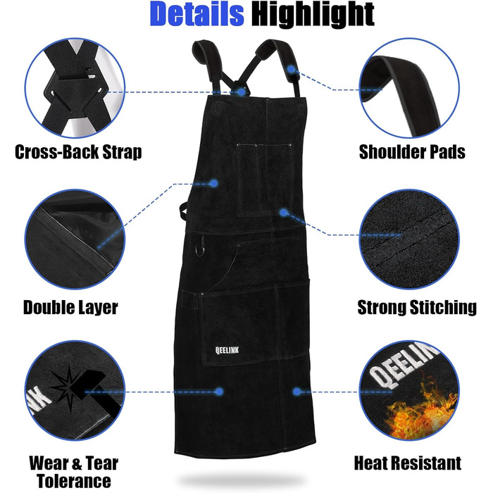 Зварювальна шкура QeeLink з рукавичками - шкіряна шкура з 6 кишенями, вогнестійка та жаростійка робоча шкура (чорна - 61 x 107 см)