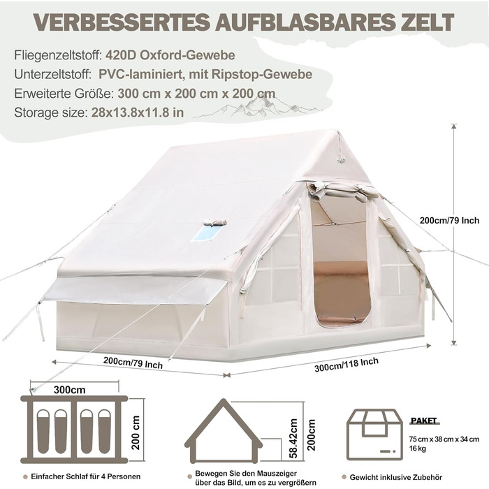 Надувний кемпінговий намет Oxford 420D Glamping 2-4 особи з насосом, водонепроникний 3000мм, для 4 сезонів, з вікном-сіткою та димоходом 300x200x200 см
