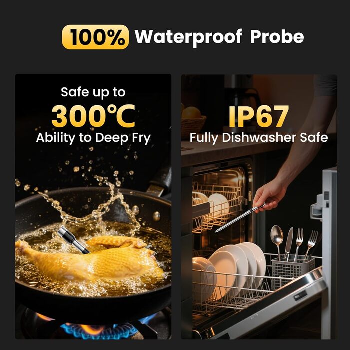 Бездротовий термометр для м'яса з Bluetooth, дальність до 240м, керування через додаток, до 24 години роботи, IP67, стійкий до миття в посудомийній машині та олії - для гриля, коптильні, ротатерія, духовки, фритюрниці