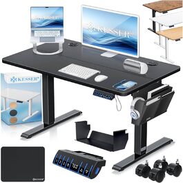 Електричний регульований стіл KESSER® 100x60 см | Ергономічний стіл для стоячи/сидячи | Пам'ять 3-х позицій | З роликами 360° та USB-портом | Чорний | Для дому та офісу
