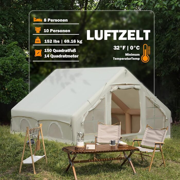 Надувний кемпінговий намет з димоходом та вікном, для 2-10 осіб з насосом, Oxford тканина, швидкозбірний, багатосезонний