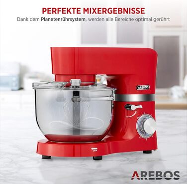 Кухонна машина Arebos 1500W з двома чашами з нержавіючої сталі (4.5L та 5.5L) | Кухонний міксер з набором насадок (крюк для тіста, вінчик, гак для збивання) та захистом від бризок | 6 швидкостей
