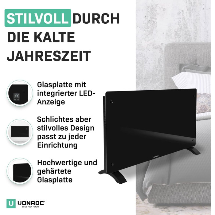 Електричний конвекторний обігрівач VONROC - 2500W, білий/чорний, керування через додаток, для площі до 24м²