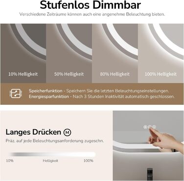 EMKE Дзеркало для ванної кімнати з підсвічуванням 50x90 см овальне з сенсорним вимикачем, 3 кольори світла, регулювання яскравості, антизапарник, функція пам'яті, автоматичне вимкнення через 3 години