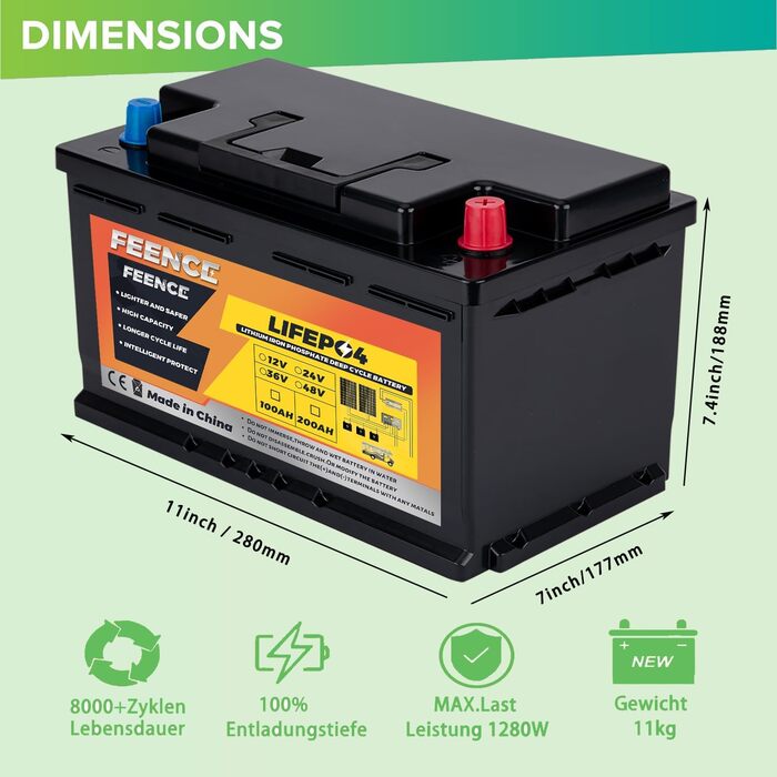 Акумуляторна батарея Feence Mini 12V 100Ah LiFePO4, 100A BMS, 15000 циклів, 10 років для автофургонів, автофургонів, морської піхоти