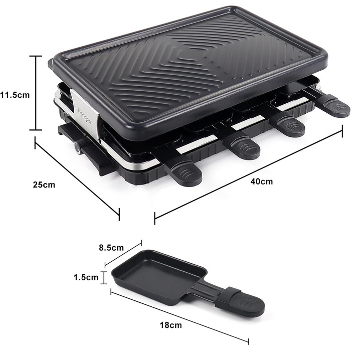Ракле́т для 8 осіб - гриль з антипригарним покриттям, 8 міні-сковорідки та 4 дерев'яні лопатки, 1300W