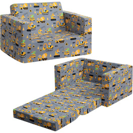 Дитяче диван-ліжко BEJOY 2 в 1: диванчик та крісло, Sherpa, сірий з машинками для дитячої кімнати, подарунок