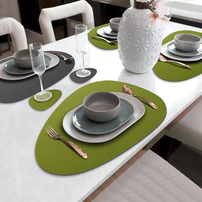 Набір з 6 підставників під тарілки, водонепроникні, з підставками, двосторонні, з імітацією шкіри, для обіднього столу, кухні, ресторану та дому (6 шт, зелений&сірий)