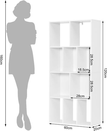 Книжкова шафа з 4 рівнями, полиця з 10 відділеннями для вітальні кухні офісу, окремо стояча полиця із захистом від нахилу, як перегородка кімнати Шафа для документів DVD полиця, 60x120x20 см, виготовлена з матеріалу на основі деревини, біла