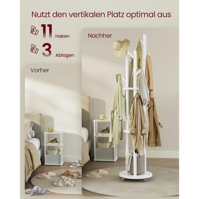 Стійка для одягу VASAGLE з 11 гачками та 3 полицями, набір для передпокою, спальні, вітальні, RCR023B01 (Хмарний білий)