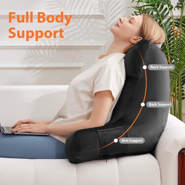 Крісло-мішок з підлокітниками для дорослих, подушка для спини для відпочинку в ліжку, з піною з пам'яті та кишенями, знімний, пральний чохол, для релаксації, перегляду телевізора, чорний, X-Large (24 дюйми)