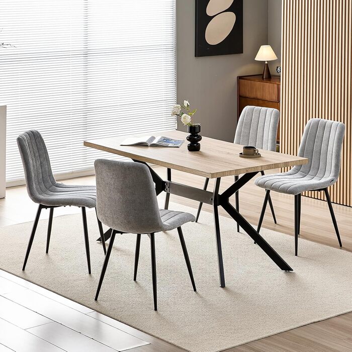 Набір з 4-х оббитих стільців для їдальні з тканини льон та чорними металевими ніжками, смугастий дизайн, для їдальні, вітальні, спальні, кухні, рецепції, сірий