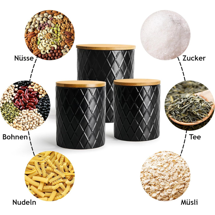 Набір з 3 вазочок для зберігання Miamio Palmanova, кераміка з дерев'яним кришкою, білий та чорний