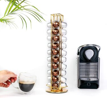 Тримач для капсул кави INTIRILIFE сумісний з Nespresso (40 шт) з заліза, золотий, 11.5 x 37.5 см, поворотний на 360°, для зберігання капсул