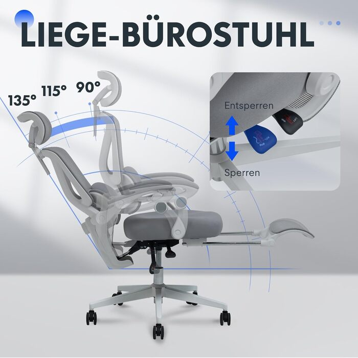 Крісло офісне ергономічне FLEXISPOT з регулюванням нахилу 135°, 3D-підголовник, підлокітники з регулюванням, підставка для ніг, колір біло-сірий (OC4)