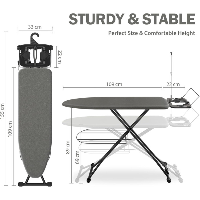 Прасувальна дошка KINGRACK, регульована по висоті в 7 напрямках, термостійка, протиковзка ніжка, з гачком для зберігання