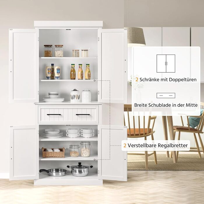 Шафа для зберігання Yaheetech 183,5 см, кухонна шафа з регульованими полицями та 2 шухлядами, багатоцільова шафа для дому, буфет для їдальні, велика, біла