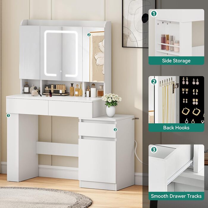 Туалетний столик YITAHOME з підсвіткою та дзеркалом, 4 шухляди, відкриті полиці, чорний (білий)