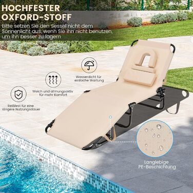 Лежак для відпочинку COSTWAY з отвором для обличчя, розкладний садовий лежак з 3 знімними подушками та 5-рівневим регулюванням спинки, лежак для пляжу, саду та басейну (Бежевий, Одиночний)