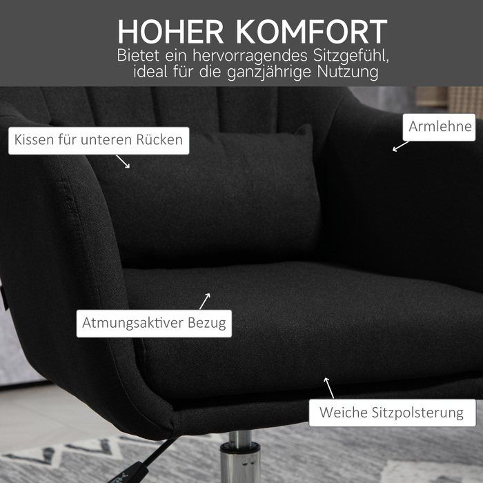 Крісло HOMCOM – обертове офісне крісло з регулюванням висоти, з тканиною, що нагадує льон, металевий каркас, розміри 60 x 60 x 79-91 см, чорного кольору.