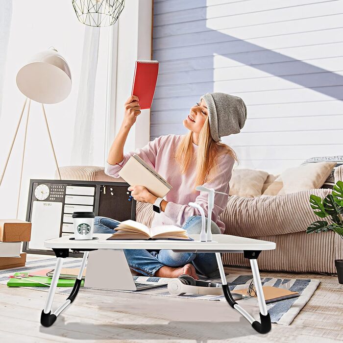 Стіл для ноутбука в ліжко/на диван, складаний, з USB-портами, ящиком та підставкою для планшета (60 x 40 см, білий)