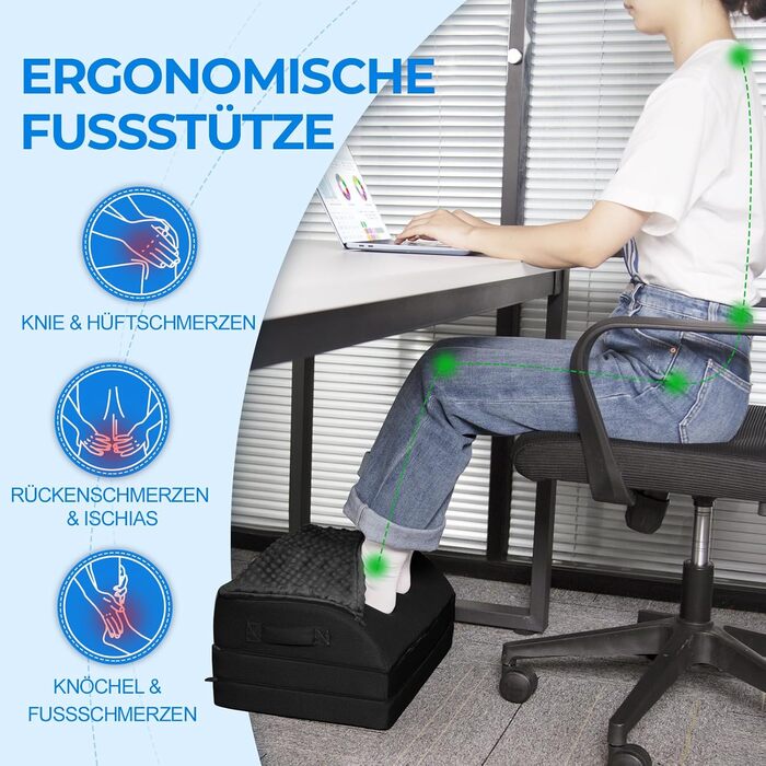 Підставка для ніг під стіл KingPavonini з гелевою піною пам'яті, 3 положення, зігріваюча сумка для ніг, підтримка спини, стегон та ніг, ергономічна підставка для офісного та геймінгового крісла (Чорний)
