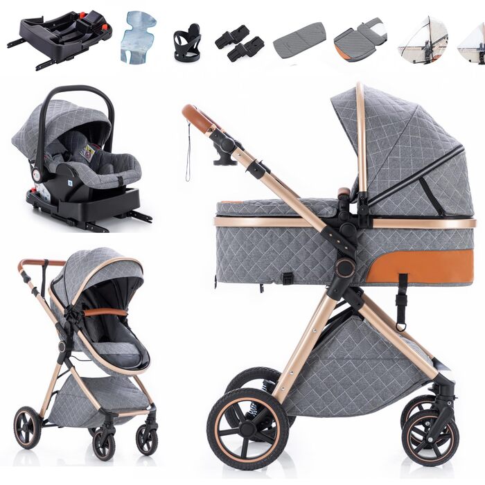 Дитяча коляска Zkipm 3 в 1 сірого кольору з регульованою спинкою, автокріслом та великим капюшоном, до 15 кг, 0-3 роки