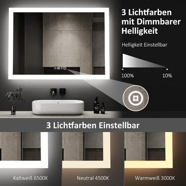 Дзеркало для ванної кімнати Boromal з підсвічуванням та годинником 50x70 см, LED, 3 кольори, регулювання яскравості, сенсорне керування