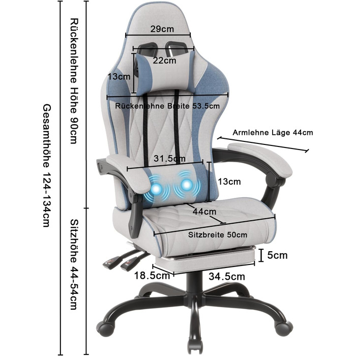 Тканина ігрового крісла Flamaker з підставкою для ніг, масаж, ергономічне крісло для ПК, висока спинка, синій