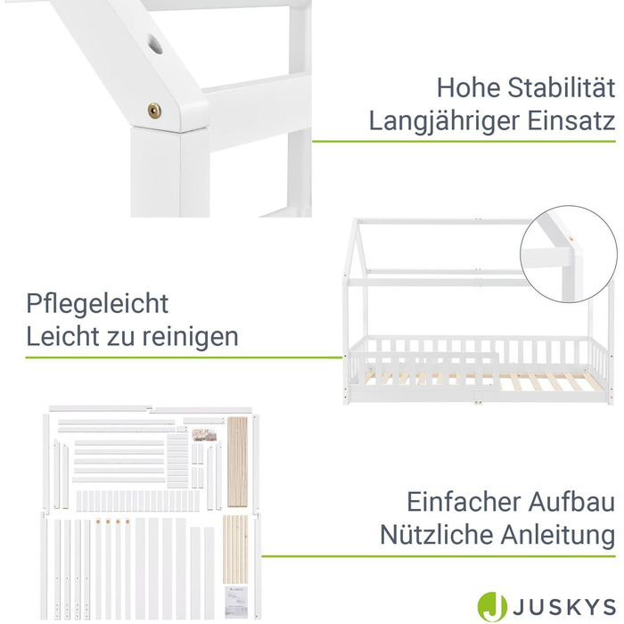Дитяче ліжко Juskys Marli 90 x 200 см із захистом від падіння, рейковим каркасом і дахом - Дитяче ліжко з масиву дерева - Ліжко в білому кольорі
