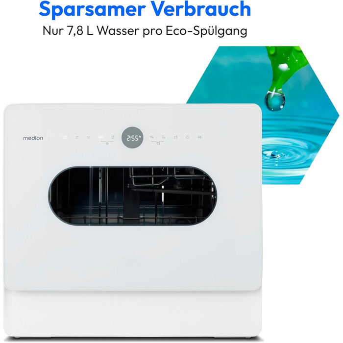 MINI посудомийна машина MEDION DWT51 (біла, зі скляними дверцятами, 5 комплектів посуду, таймер, без підключення до води)