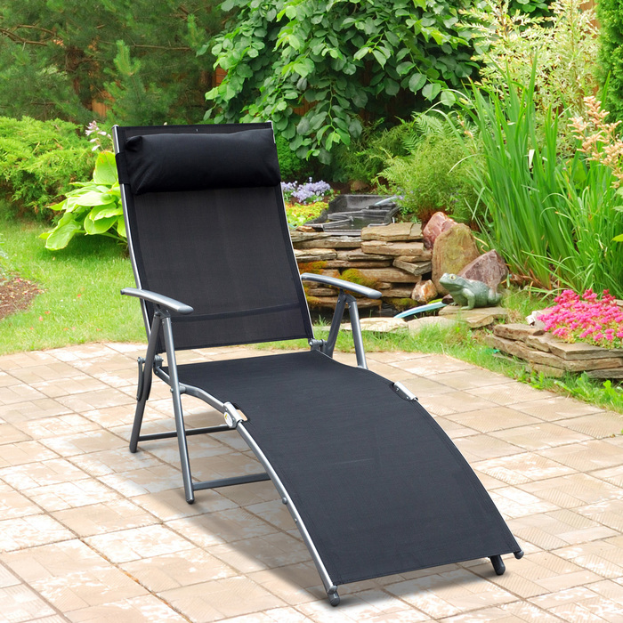 Outsunny Sun Lounger Складний садовий шезлонг з подушкою 137x63.5x100.5см метал і тканина чорний для пляжу та тераси