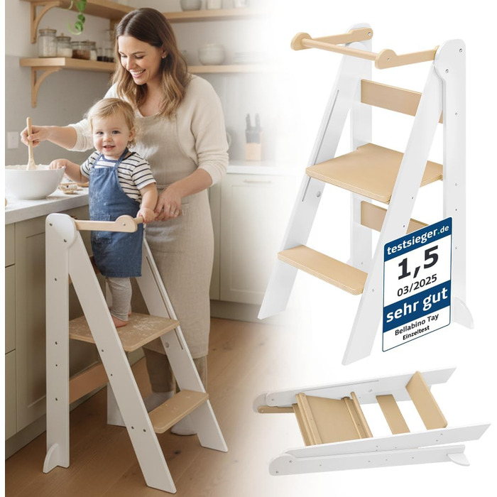 Лернтурм Bellabino Tay – навчальний столик для дітей від 1 року, регульована висота, білий, Монтессорі, з захистом від перекидання, з натурального дерева