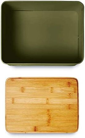 Хлібниця для кухні Lumaland металева Хлібниця з бамбуковою кришкою, Хлібниця прямокутної форми, 30,5 x 23,5 x 14 см (прямокутна форма 30,5 x 23,5 x 14 см, оливково-зеленого кольору)