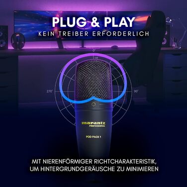 Мікрофон конденсаторний Marantz Professional MPM-1000U з великою мембраною, USB, з нирковим характером для подкастів, студії, геймінгу, з кабелем USB та кліпсою для мікрофона (Pod Pack 1)